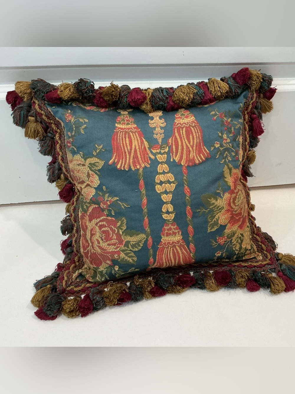 Vintage P. Toscana Roses & Tassel Brocade Throw Pillow with Tassel Trim